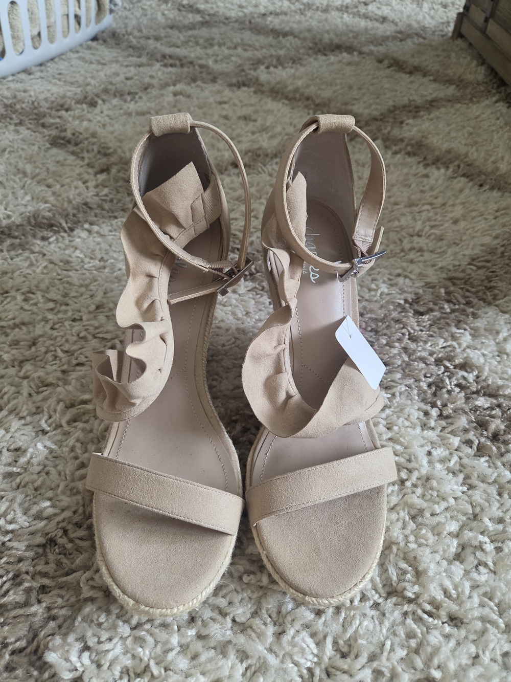 Charles By Charles David Beige Ruffle Ankle-Strap Espadrille Sandals